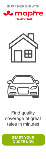 A marketing advertisement for home and auto insurance coverage in partnership with Mapfre Insurance.